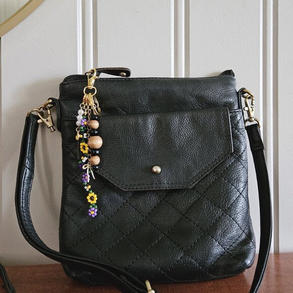 Floral Beaded Charm Keychain | Handmade Keyring with Wood Beads, Pearls, Bees - Picture 4 of 7